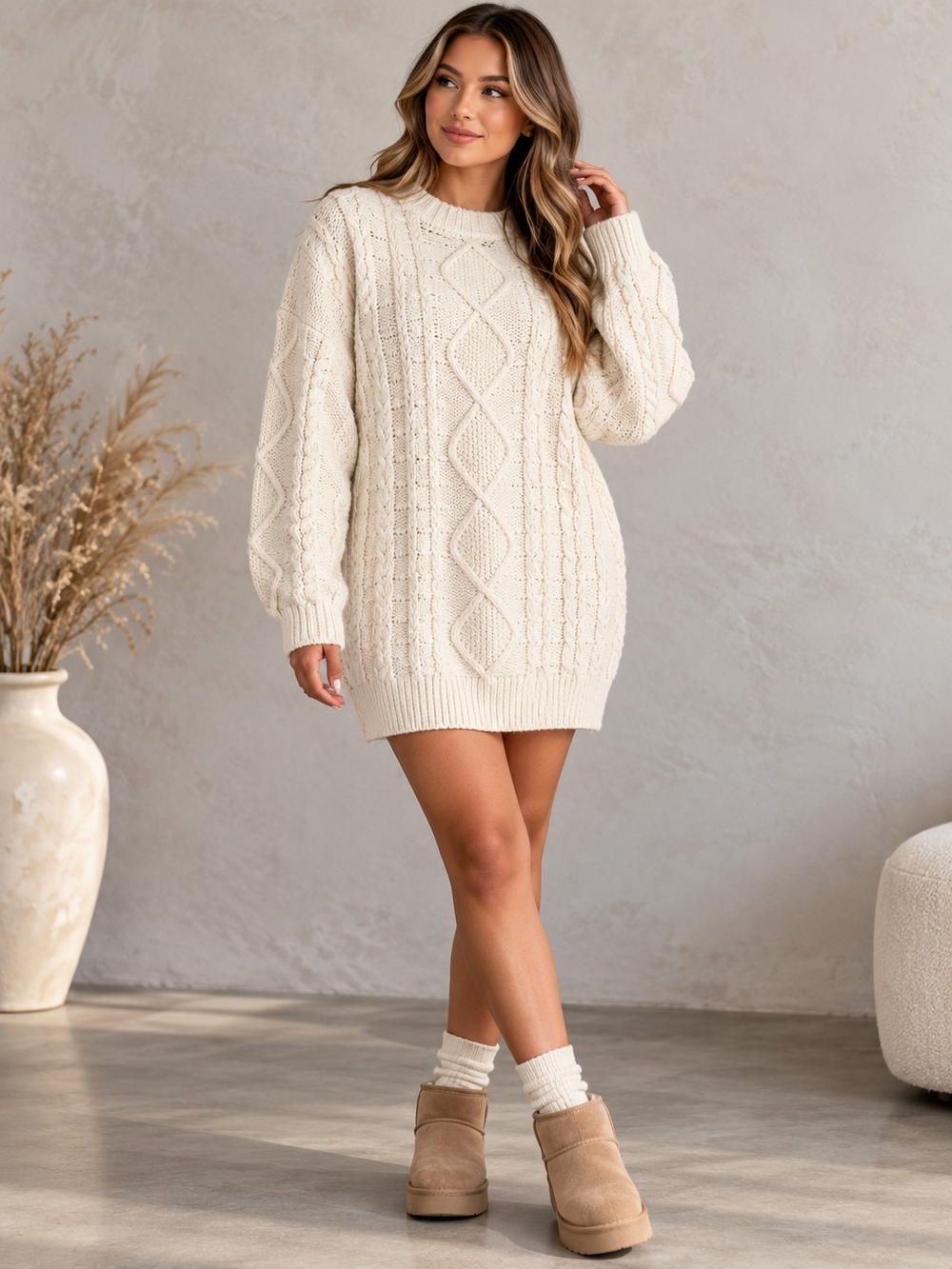 American Eagle Outfitters Cable Knit Sweater Dress - Cream